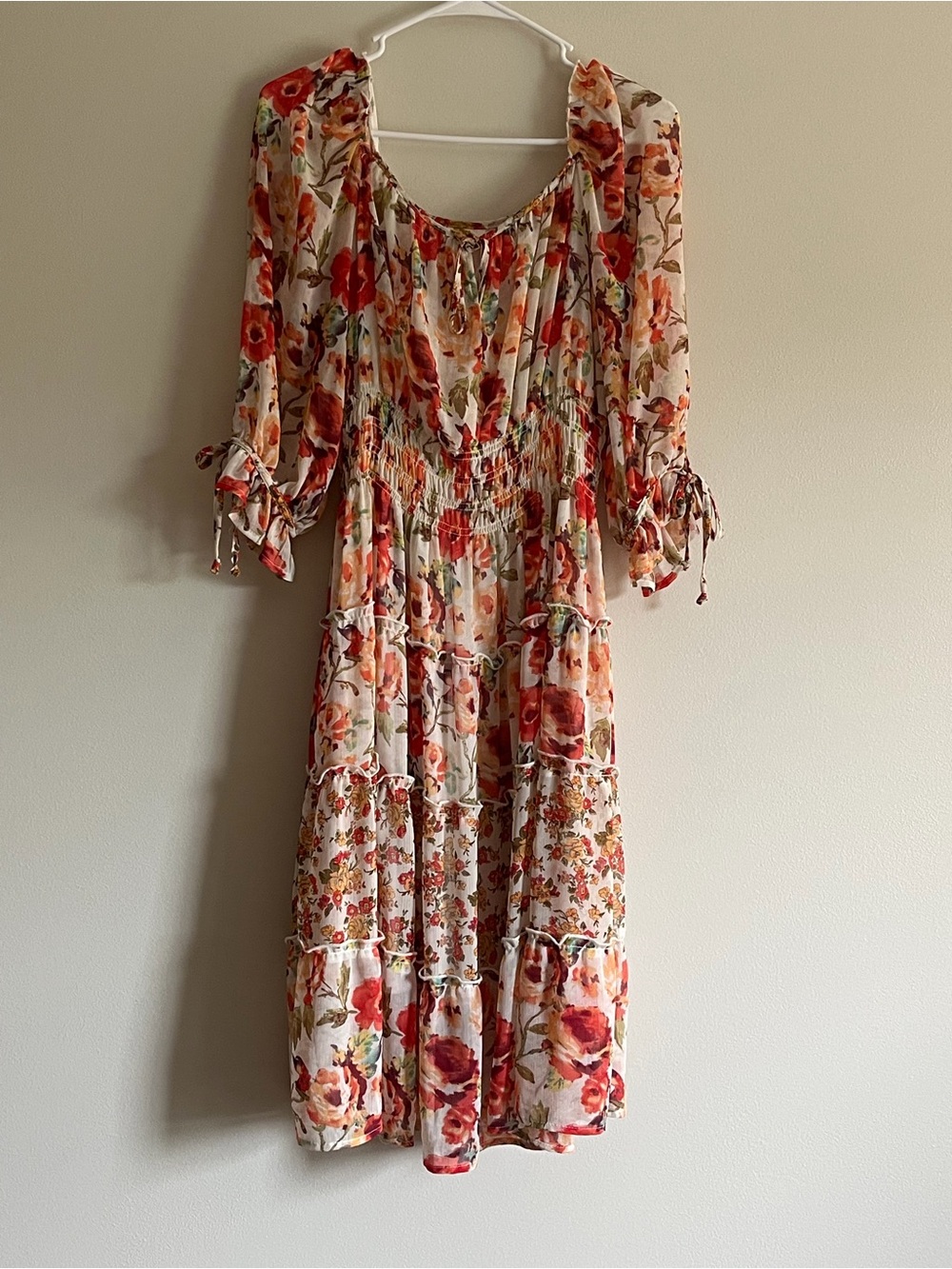 Floral Tie-Sleeve Midi Dress in Cream and Red